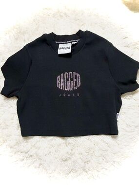 Ragged Jeans Black Cropped Logo Tee with Pink Rhinestone Accent